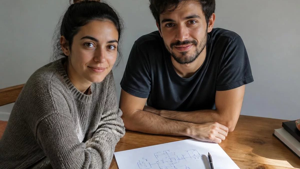 Participantes conferindo apontamentos num tablet apoiado na mesa durante o intervalo
