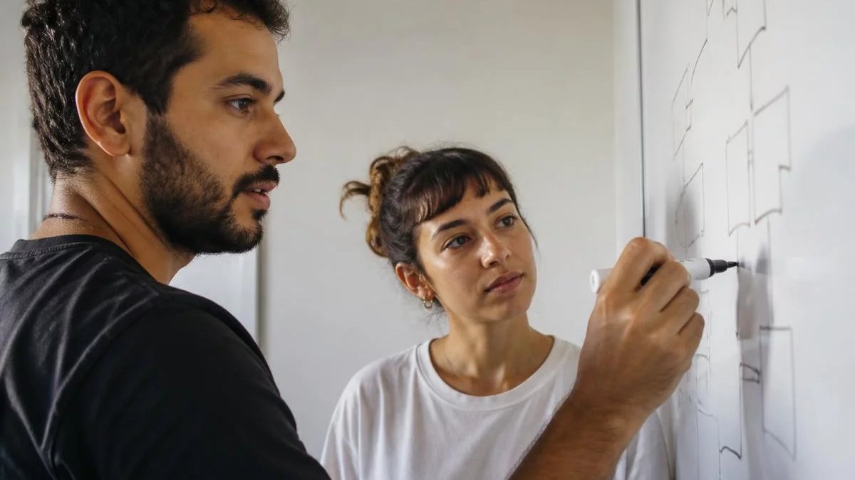 Duas participantes de pé diante do quadro branco, montando um argumento a caneta